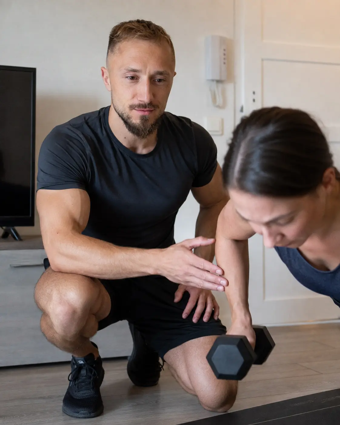 Coach Mat David betreut eine Klientin beim Hanteltraining